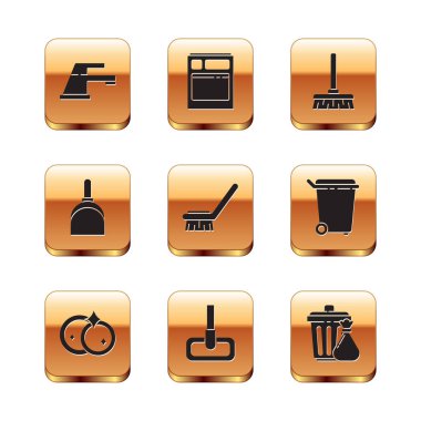 Su musluğu, bulaşık makinesi, temizlik için fırça, faraş, süpürge, çöp torbası ve bulaşık makinesi ikonu hazırla. Vektör