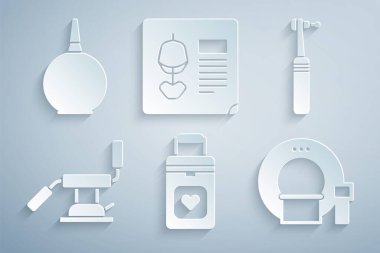 Organ kabı, diş matkabı, tıbbi sandalye, tomografi, röntgen ve Enema ikonu hazırlayın. Vektör