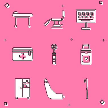 Sedye, dişçi koltuğu, göz testi çizelgesi, ilk yardım çantası, elektrikli diş fırçası, organ kabı, ilaç dolabı ve astım ilacı ikonu. Vektör