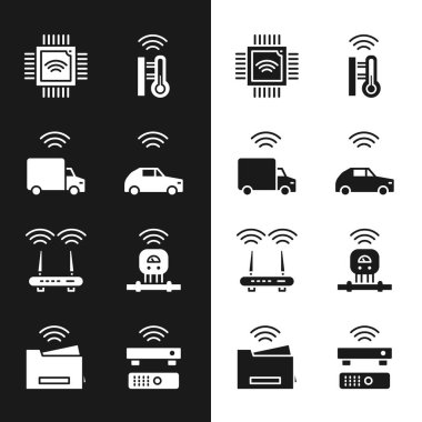 Akıllı araba sistemini kablosuz, kamyonlu, işlemci mikrodevreli işlemci işlemci, termometre, Router ve wi-fi sinyali, sensör, kablosuz televizyon alıcısı ve yazıcı ikonu ile ayarla. Vektör