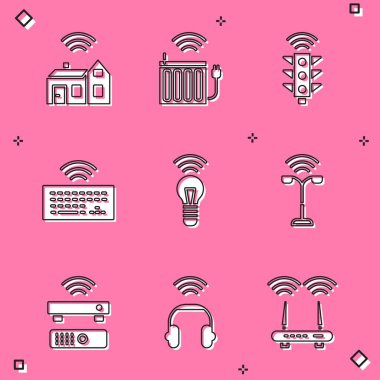 Smart evini kablosuz, ısıtma radyatörü, trafik ışığı, kablosuz klavye, ampul, sokak, televizyon kutusu alıcısı ve kulaklık ikonu ile ayarla. Vektör