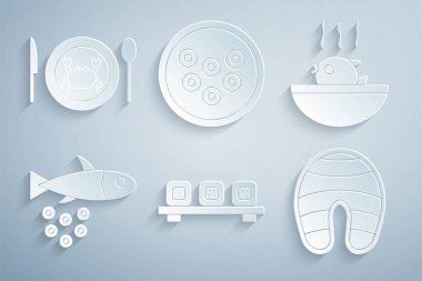 Suşi, balon balığı çorbası, havyarlı balık, biftek, havyar tabağı ve yengeç ikonu hazırla. Vektör