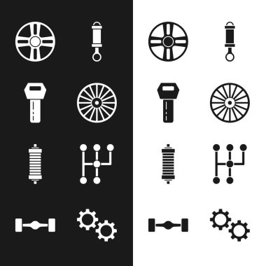 Alaşımlı tekerlek, uzaktan kumandalı araba anahtarı, şok emici, vites kolu ve Chassis araba simgesi. Vektör