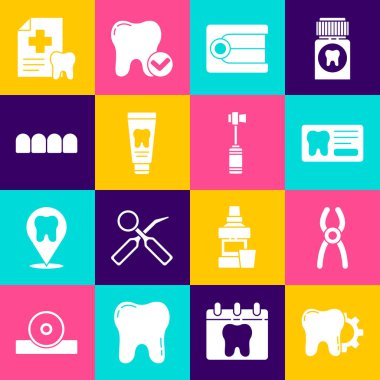 Diş tedavisi prosedürü, diş pensesi, kart, takma dişler, diş macunu tüpü ve diş fırçası ikonu. Vektör