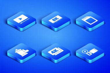 Set Cinema camera, Online play video, 4k Ultra HD, Camera film roll cartridge, Screen tv with 8k and SD card icon. Vektör