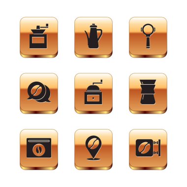 El yapımı kahve öğütücü, torba fasulyesi, kahve ve sohbet yeri, filtre tutucu, sokak tabelası ve çaydanlık simgesi. Vektör