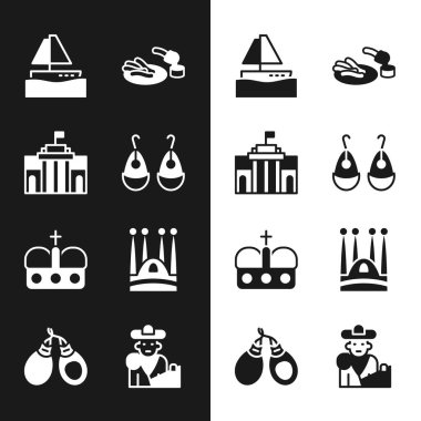 Set Küpeleri, Prado Müzesi, Yat yelkenlisi, Churros ve çikolata, İspanya tacı, Sagrada Familia, Bullfight, matador ve Castanets ikonu. Vektör