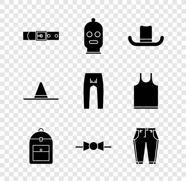 Set Cinturón Cuero Balaclava Hombre Sombrero Mochila Corbata Lazo Pantalones — Vector de stock