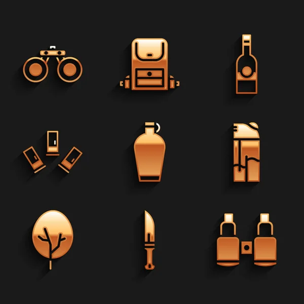 Set Bouteille Eau Cantine Couteau Hunter Jumelles Briquet Arbre Cartouches — Image vectorielle