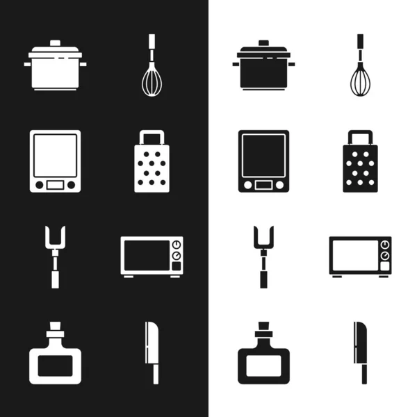 Set Grater Elektronische Weegschalen Kookpot Keukengarde Barbecue Vork Magnetron Mes — Stockvector
