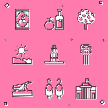 Zeytinleri kutuya koy, elma şarabı şişesi, portakal ağacı, plaj, Agbar kulesi, Peineta, İspanyol jamonu ve küpe ikonu. Vektör