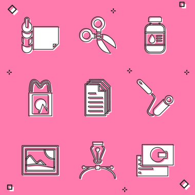 Kağıt, makas, yazıcı mürekkep şişesi, kağıt alışveriş çantası, Dosya belgesi, boya fırçası, resim manzarası ve dolmakalem ucu simgesi. Vektör