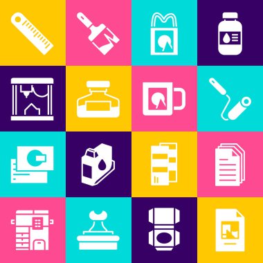 Dosya belgesi, boya fırçası, kağıt alışveriş torbası, mürekkep şişesi, 3D yazıcı, cetvel ve kahve bardağı simgesi. Vektör