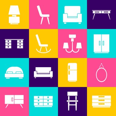 Çekmeceler, Ayna, Gardırop, Kol, ofis masası, masa lambası ve avize ikonu. Vektör