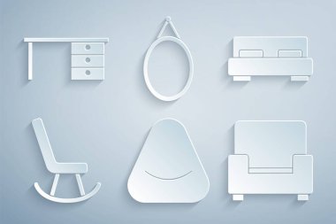 Pouf, Büyük yatak, Kol Sandalyesi, Ayna ve Ofis masa ikonu. Vektör