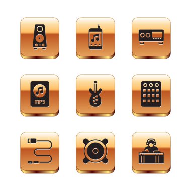 Stereo hoparlörünü, Audio jack 'i, Electric bass gitarını, MP3 dosya dökümanını, Gitar amplifikatörünü, DJ' i müzik çalar ve müzik çalar simgesini ayarla. Vektör