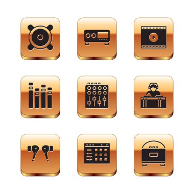 Stereo hoparlör, hava kulaklığı, davul makinesi, ses karıştırıcı denetleyici, müzik dengeleyici, çevrimiçi oyun videosu ve gitar yükseltici simgesi ayarla. Vektör