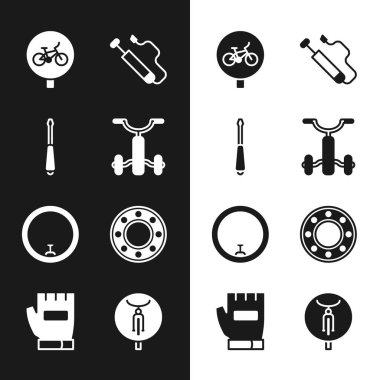 Çocuklar için bisiklet, tornavida, hava pompası, tekerlek, bilye ve eldiven simgesi. Vektör