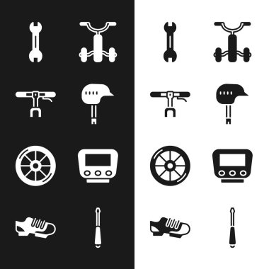 Bisiklet kaskı, gidon, anahtarlık çocuklar için, tekerlek, hız göstergesi, tornavida ve ayakkabı simgesi. Vektör