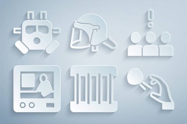 Cezaevi penceresi, kalabalık protestosu, televizyon raporu, Hooligan atış taşları, polis miğferi ve gaz maskesi ikonu. Vektör