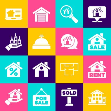 House 'u, Rent, Sale, Search House' u, Hotel servis zilini, Skyscraper 'ı, Online emlak ve Real Message ikonunu ayarla. Vektör