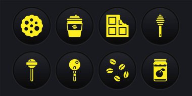 Lolipop, Bal Çubuğu, Kahve çekirdekleri, Çikolata, paket bardaklar, reçel kavanozu ve kurabiye ya da bisküvi ikonu. Vektör