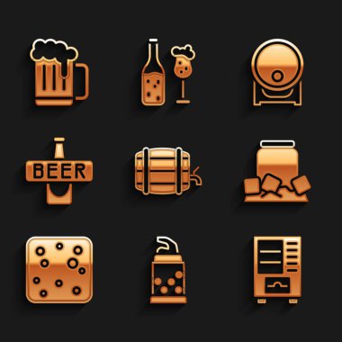 Tahta fıçıyı rafa koyun, şişe açacağı, satış makinesi, soğuk bira kutusu, bira köpüğü, şişe ve kupa ikonu. Vektör