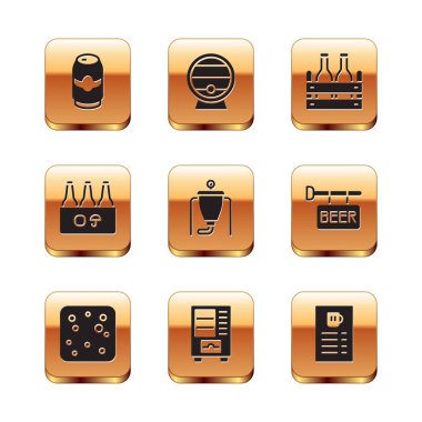Bira kutusu, baloncuk, satış makinesi, demleme işlemi, bira şişeleri, menü ve tahta fıçı ikonu. Vektör