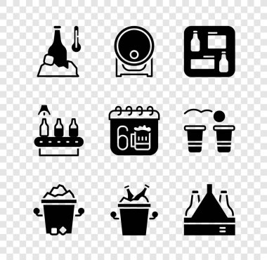 Soğuk bira şişesi, tahta fıçı rafa, bira menüsü, buz kovası, buz şişeleri, taşıma bandı paketi ve Aziz Patricks takvim ikonu koyun. Vektör