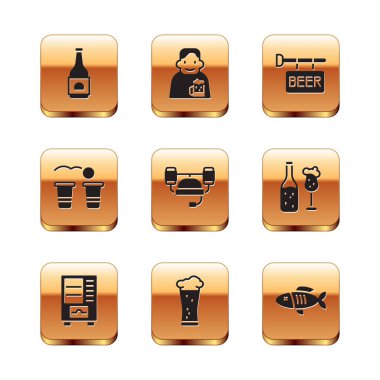 Bira şişesi, satış makinesi, bir bardak bira, miğfer, pong oyunu, sokak tabelası, kurutulmuş balık ve mutlu adam ikonu. Vektör
