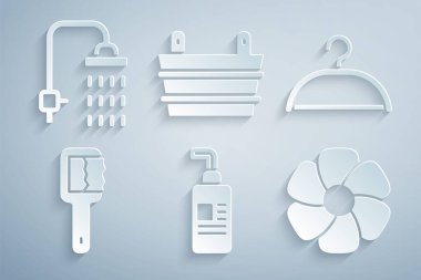Krem veya losyon kozmetik tüpü, elbise askısı, sauna fırçası, çiçek, kova ve duş ikonu. Vektör