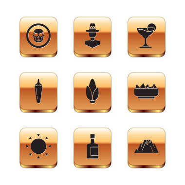 Meksika kurukafa sikkesi, güneş, tekila şişesi, mısır, acı biber kabuğu, Margarita kokteyli, lav ve insan sombrero ikonu ile volkan patlaması ayarlayın. Vektör