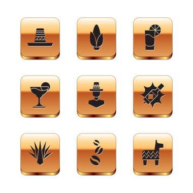 Meksika sombrero, Agave, kahve çekirdekleri, Margarita kokteyli, limonlu tekila bardağı, Pinata ve mısır ikonu. Vektör