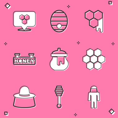 Bal arısının yerini belirle, arılar için kovan, bal peteği ile asılma işareti, kavanoz, arı koruyucu şapka ve dipper çubuğu ikonu. Vektör