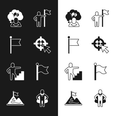 Hedef, Bayrak, bayrak tutan adam, bitiren merdiven, kelle avı ve dağ ikonu. Vektör