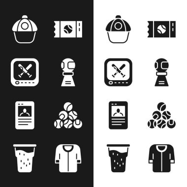 Ödül kupasını beyzbol topu, Monitor maçı, beysbol şapkası, bilet, kart, tişört ve bir bardak bira ikonu ile ayarla. Vektör