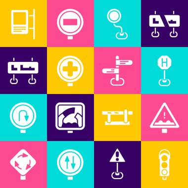 Trafik lambasını, Uneven yol tabelasını, hastane trafiğini, yolu ve ikonu ayarla. Vektör