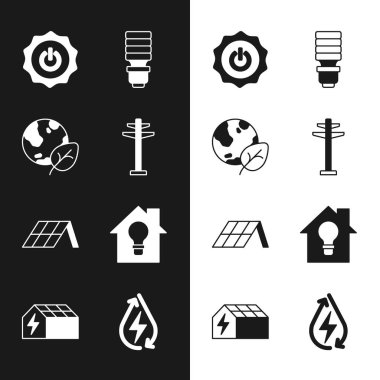 Elektrik kulesi, toprak küre ve yaprak, güç düğmesi, LED ampul, güneş enerjisi paneli, Akıllı Ev, Su ve ikon ayarlayın. Vektör