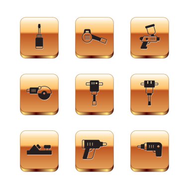 Tornavida, tahta uçak aleti, elektrik kablosuz tornavida, inşaat matkabı, açılı öğütücü, boya sprey tabancası ve yapraklı bahçe üfleyici ikonu. Vektör