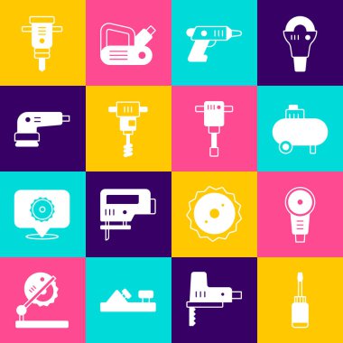 Tornavida, açılı öğütücü, hava kompresörü, elektrik kablosuz tornavida, elektrikli el yapımı beton karıştırıcı, zımpara makinesi, inşaat matkabı ve ikon. Vektör