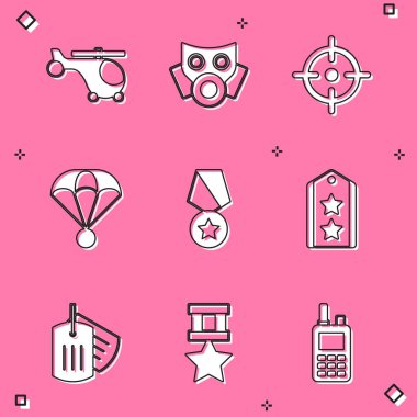 Helikopter, gaz maskesi, hedef sporu, paraşüt, askeri ödül madalyası, rütbe, künye ve ikon. Vektör