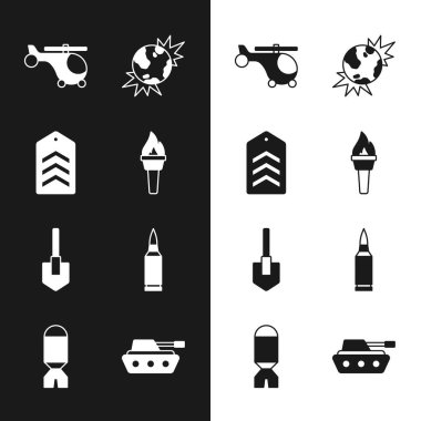 Meşale alevi, Chevron, Helikopter, Bomba Patlayıcı Gezegen Toprak, Kürek, Kurşun, Askeri tank ve Roket Fırlatma ikonu. Vektör