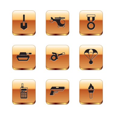 Kürek, telsiz, tabanca veya tabanca, Howitzer, ordu tankı, ödül madalyası, meşale alevi ve helikopter ikonu. Vektör