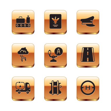 Konveyör bandını valizle, yakıt tankeri, paraşüt, uçak dümeni, Storm, Pilot şapkası, helikopter iniş pisti ve pasaport ikonu ile ayarla. Vektör