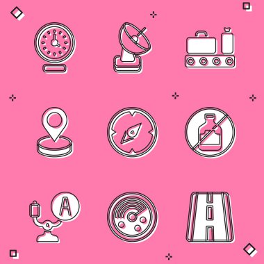 Saat, Radar, bavul, konveyör bandı, konum, pusula, alkol yok, uçak dümeni ve hedef ikonu ayarlayın. Vektör