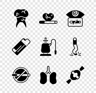 Diş bakımı, kalp hastalığı, sigara, Hipnoz, Hayır, Akciğerler, Şeker, Çakmak ve Nargile ikonu. Vektör