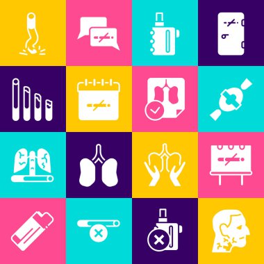 Set Throat cancer, No smoking, Candy, Electronic cigarette, days, Smoking, Cigarette butt and Lungs x-ray diagnostics icon. Vector