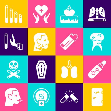 Sigara içme yasağı, elektronik sigara, diş bakımı, kalp atışı artışı, gırtlak kanseri, pes etme, sigara içme ve çakmak ikonu. Vektör