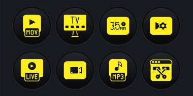 Canlı yayın, müzik ya da video ayarları, Play düğmesi, MP3 dosyası, Audio jack, Smart Tv, Video kaydedici düzenleyici ve MOV simgesini ayarlayın. Vektör