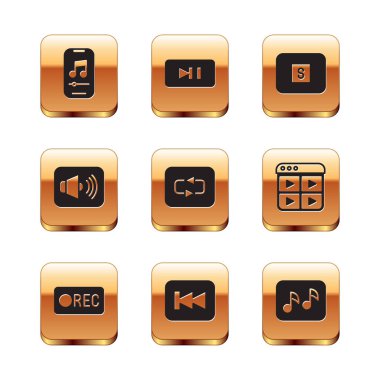 Müzik çalıcıyı ayarla, Kayıt düğmesi, Geri sar, Tekrarla, Hoparlör sesi, Ortamı Durdur, nota, ton ve Duraklat simgesi. Vektör